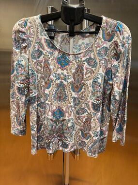 LOFT Paisley Scoop-Neck Long Sleeve Top - Teal, Pink, Cream